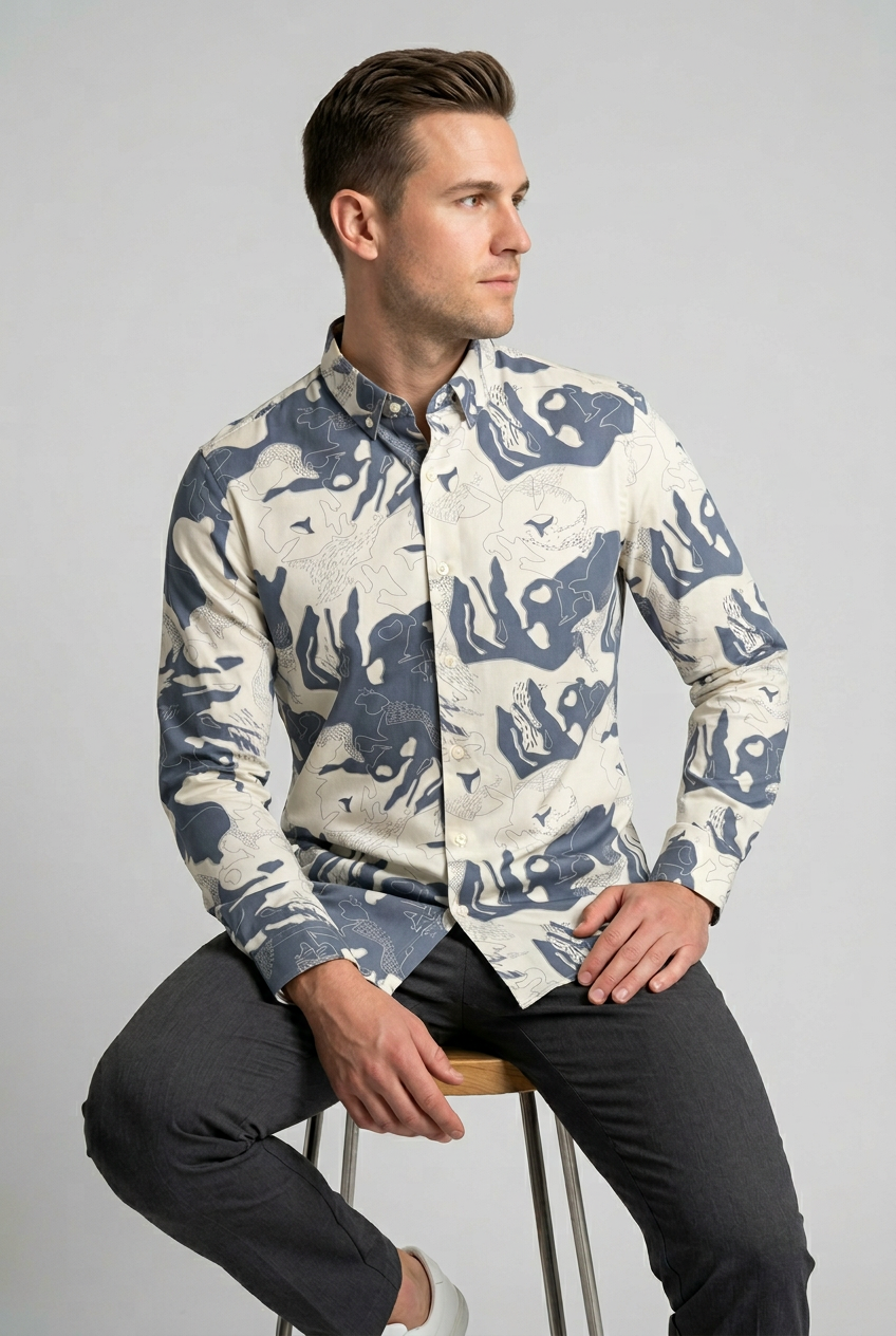 Blue & White Abstract Face Print Shirt-thumbmail-6