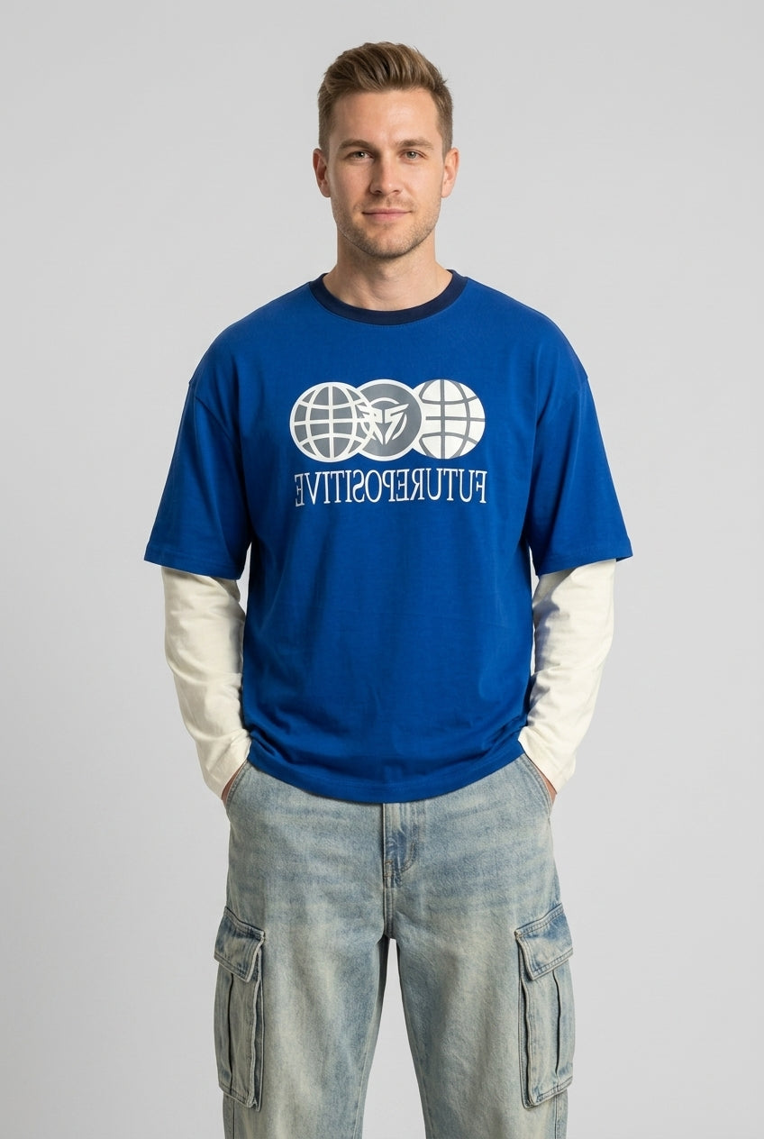 Blue Printed Drop Shoulder T-Shirt