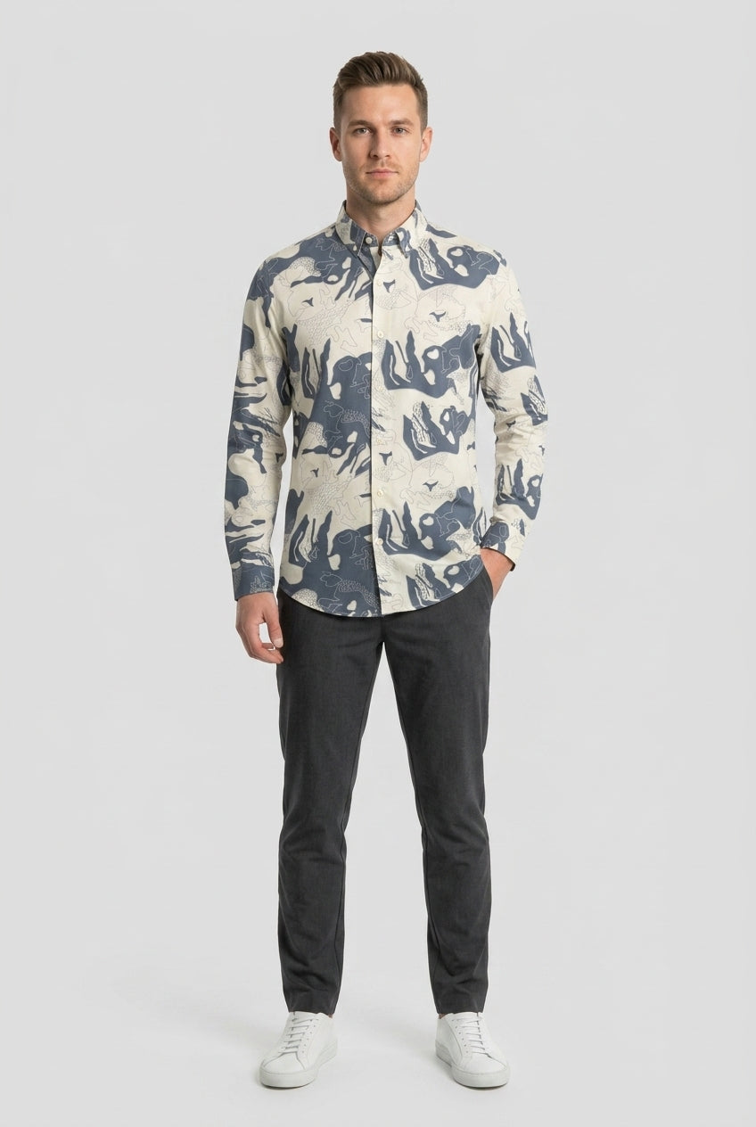 Blue & White Abstract Face Print Shirt