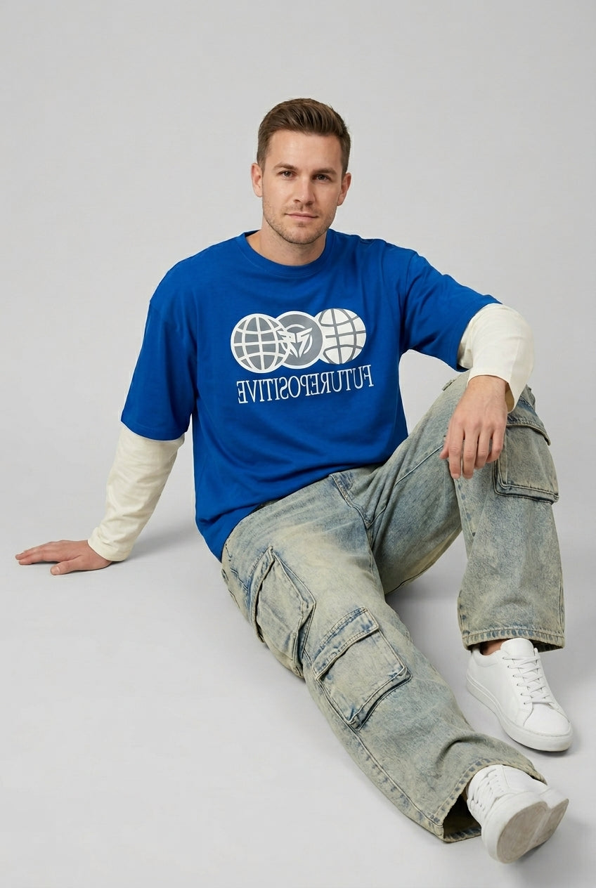 Blue Printed Drop Shoulder T-Shirt-thumbmail-3