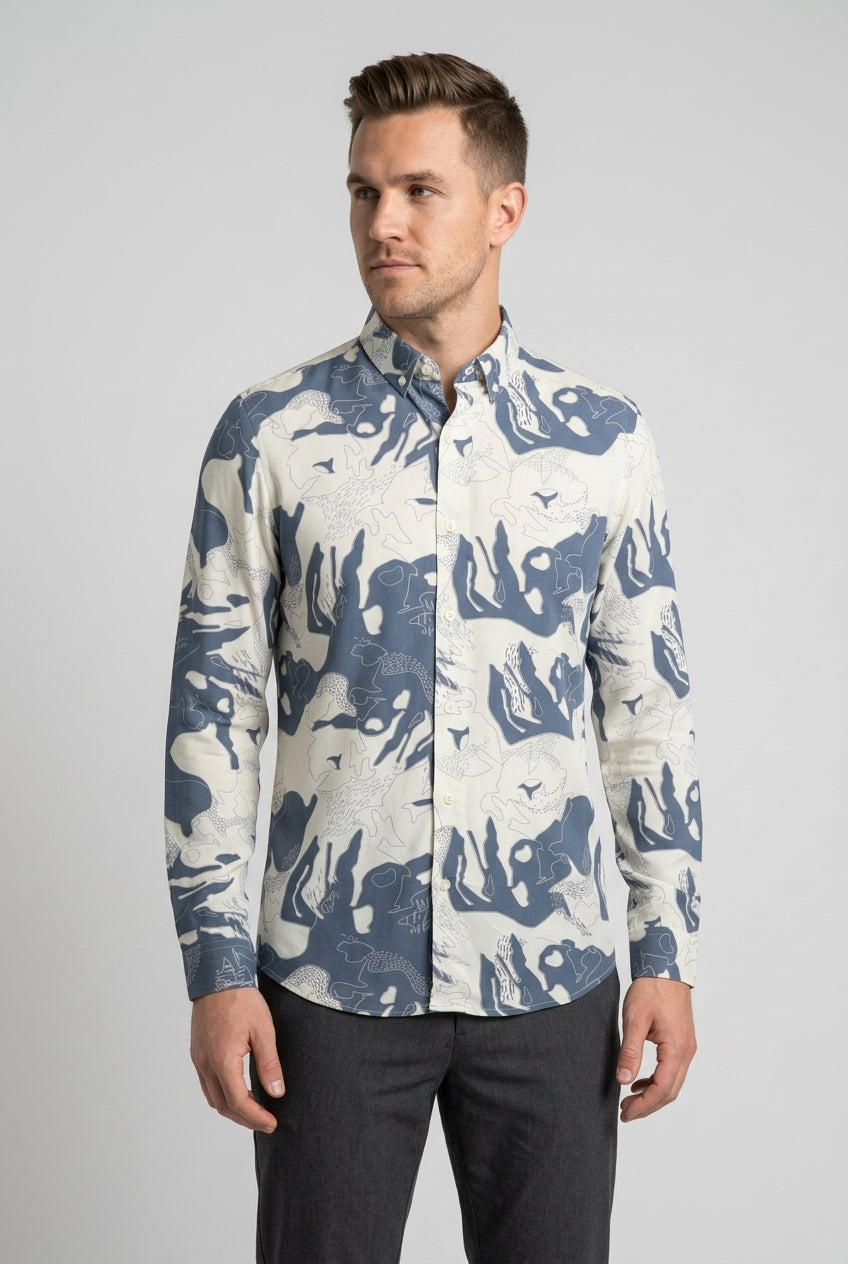 Blue & White Abstract Face Print Shirt