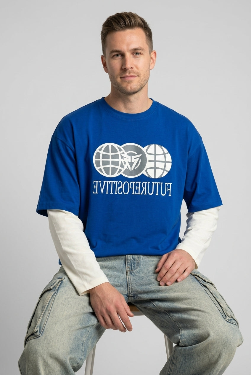 Blue Printed Drop Shoulder T-Shirt-thumbmail-4