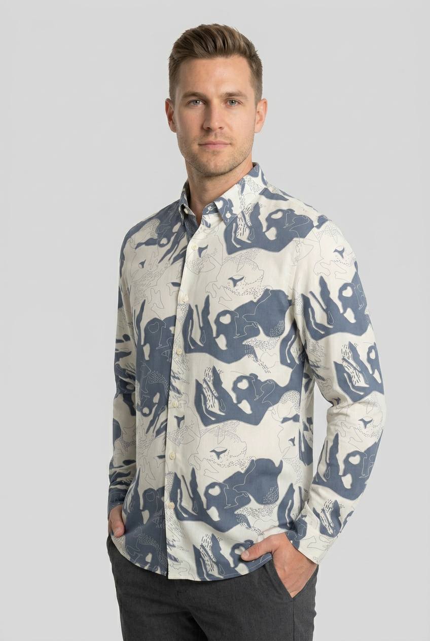 Blue & White Abstract Face Print Shirt-thumbmail-5