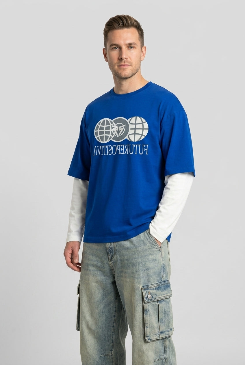 Blue Printed Drop Shoulder T-Shirt-thumbmail-7