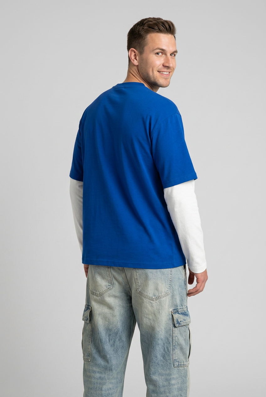 Blue Printed Drop Shoulder T-Shirt