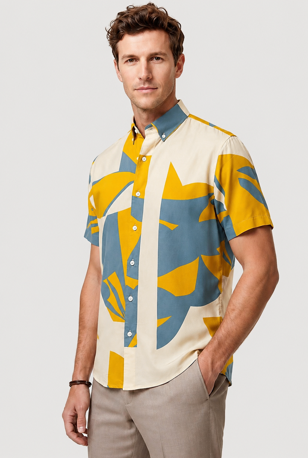 Yellow Printed Rayon Semi Slim Fit Half Sleeve Shirt-thumbmail-1