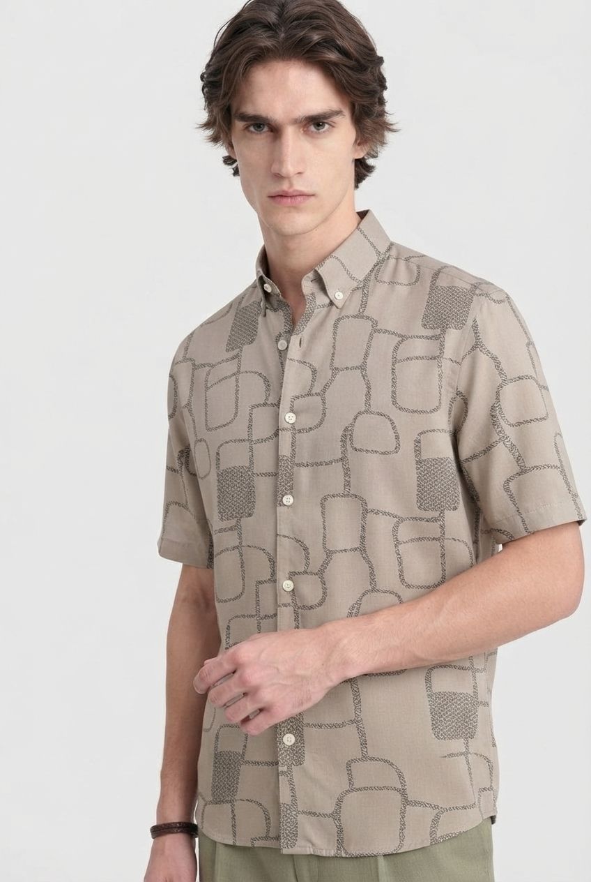 Beige Printed Rayon Semi Slim Fit Shirt product image