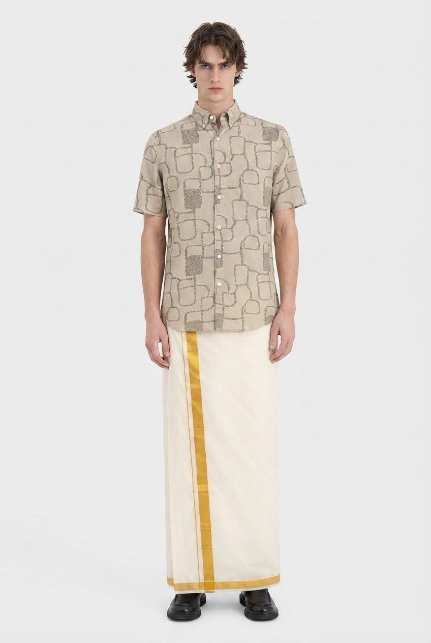 Beige Printed Rayon Semi Slim Fit Shirt product image