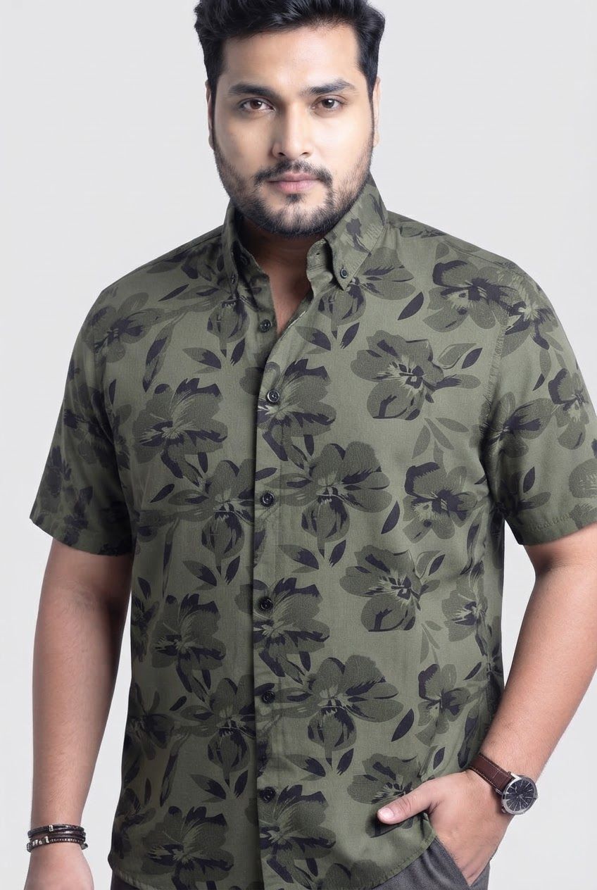 Big MEND Dark Green Printed Rayon Semi Slim Fit Half Sleeve Shirt product image