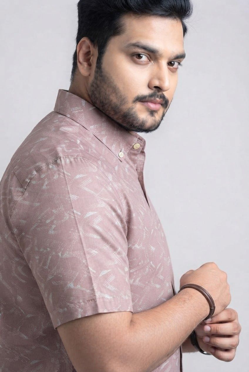 Big MEND Dusty Pink Printed Rayon Semi Slim Fit Half Sleeve Shirt product image