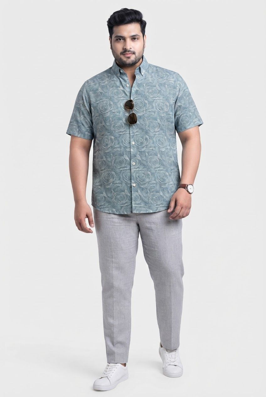 Big MEND Light Blue Printed Rayon Semi Slim Fit Half Sleeve Shirt product image