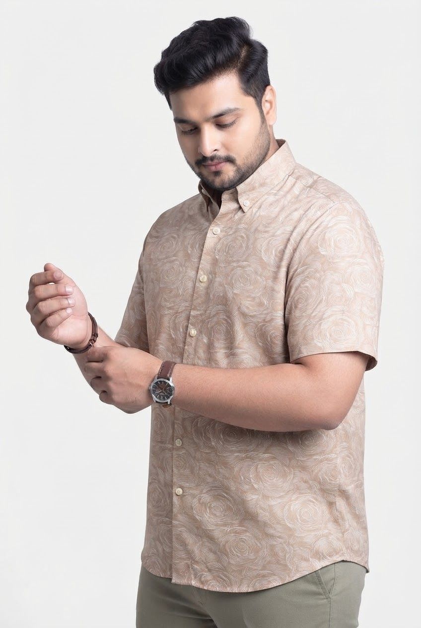 Big MEND Tan Printed Rayon Semi Slim Fit Half Sleeve Shirt product image