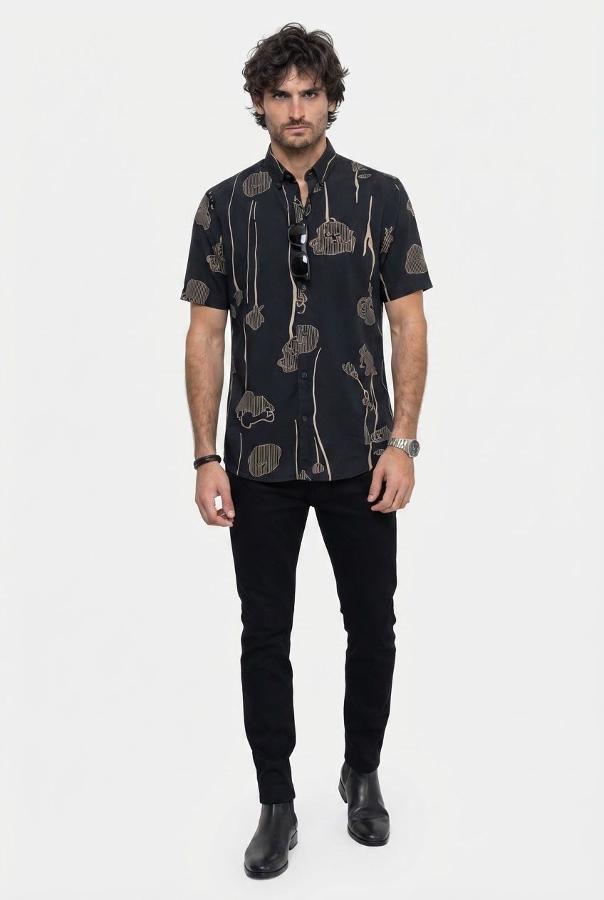 Black Printed Rayon Semi Slim Fit Half Sleeve Shirt product image