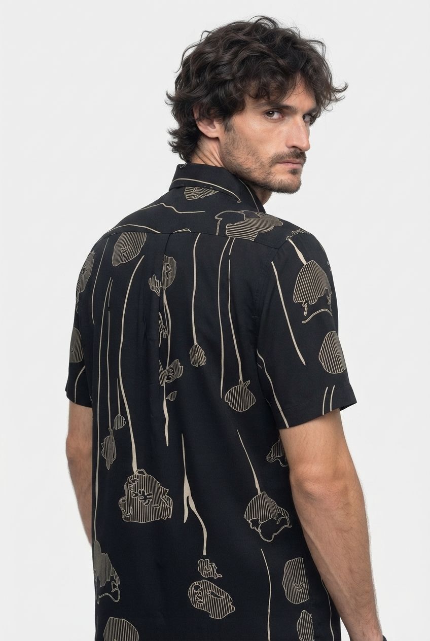 Black Printed Rayon Semi Slim Fit Half Sleeve Shirt product image