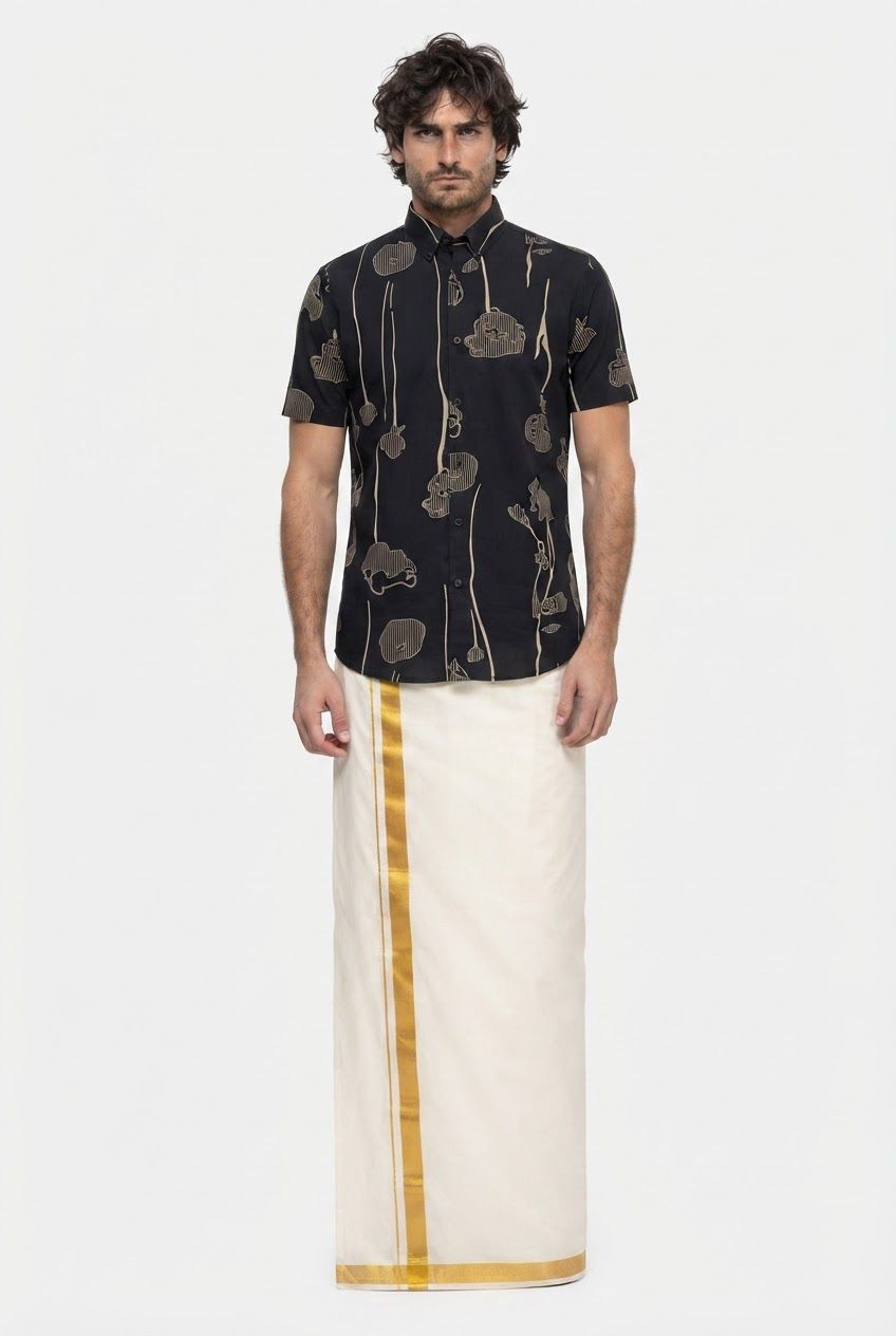 Black Printed Rayon Semi Slim Fit Half Sleeve Shirt product image