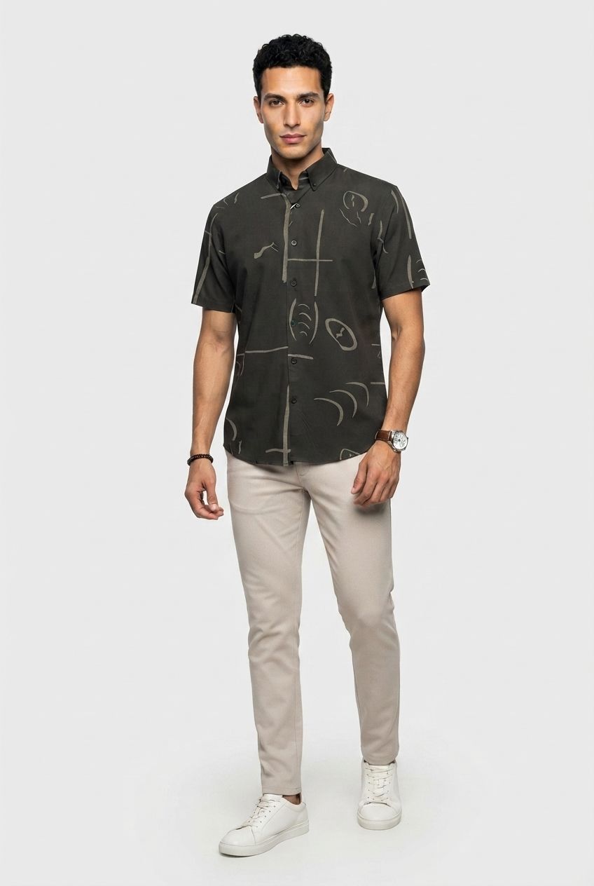 Black Printed Rayon Semi Slim Fit Half Sleeve Shirt product image