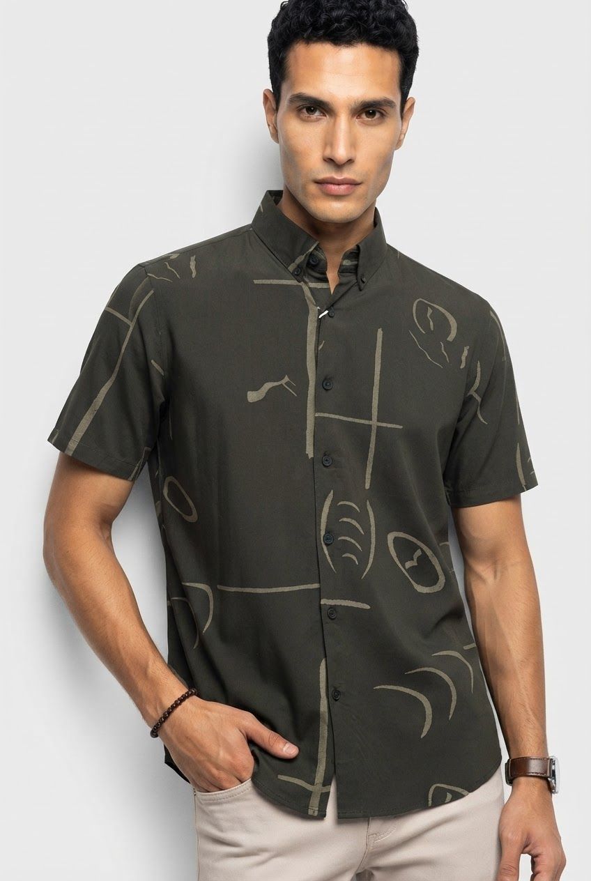 Black Printed Rayon Semi Slim Fit Half Sleeve Shirt product image