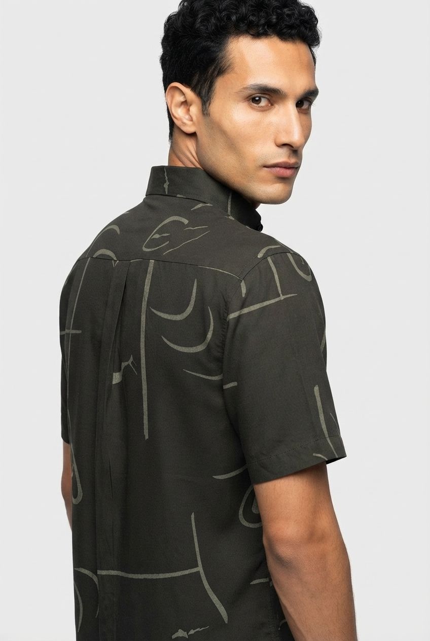Black Printed Rayon Semi Slim Fit Half Sleeve Shirt product image