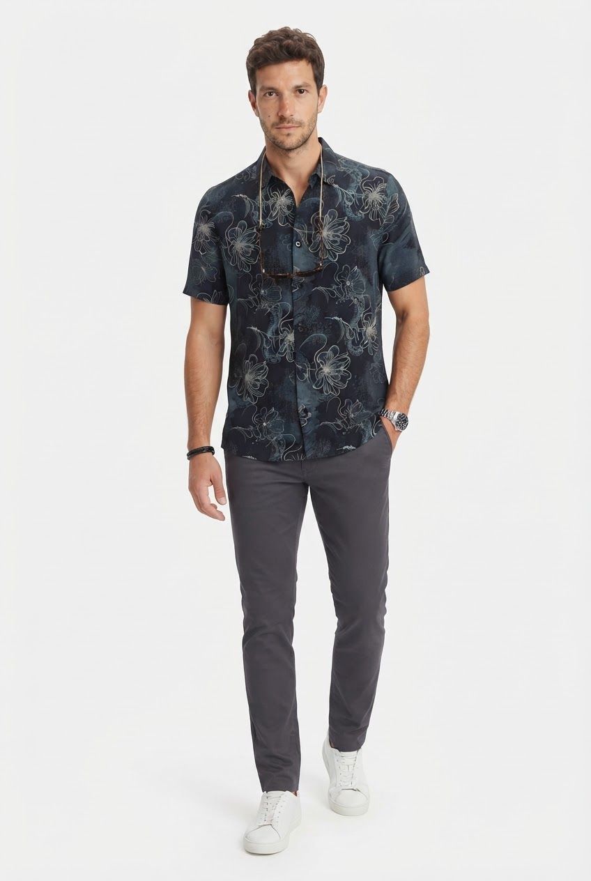 Black Printed Rayon Semi Slim Fit Half Sleeve Shirt product image