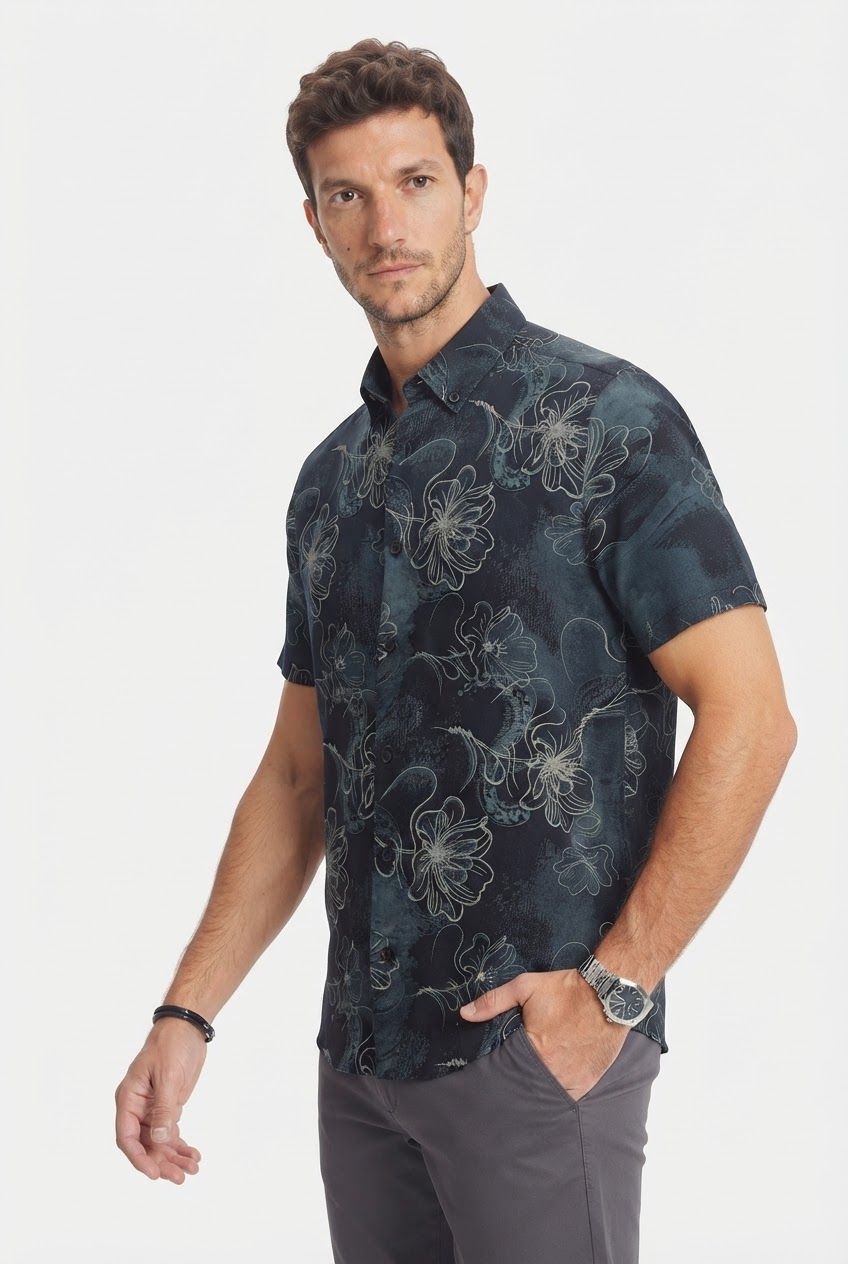 Black Printed Rayon Semi Slim Fit Half Sleeve Shirt product image
