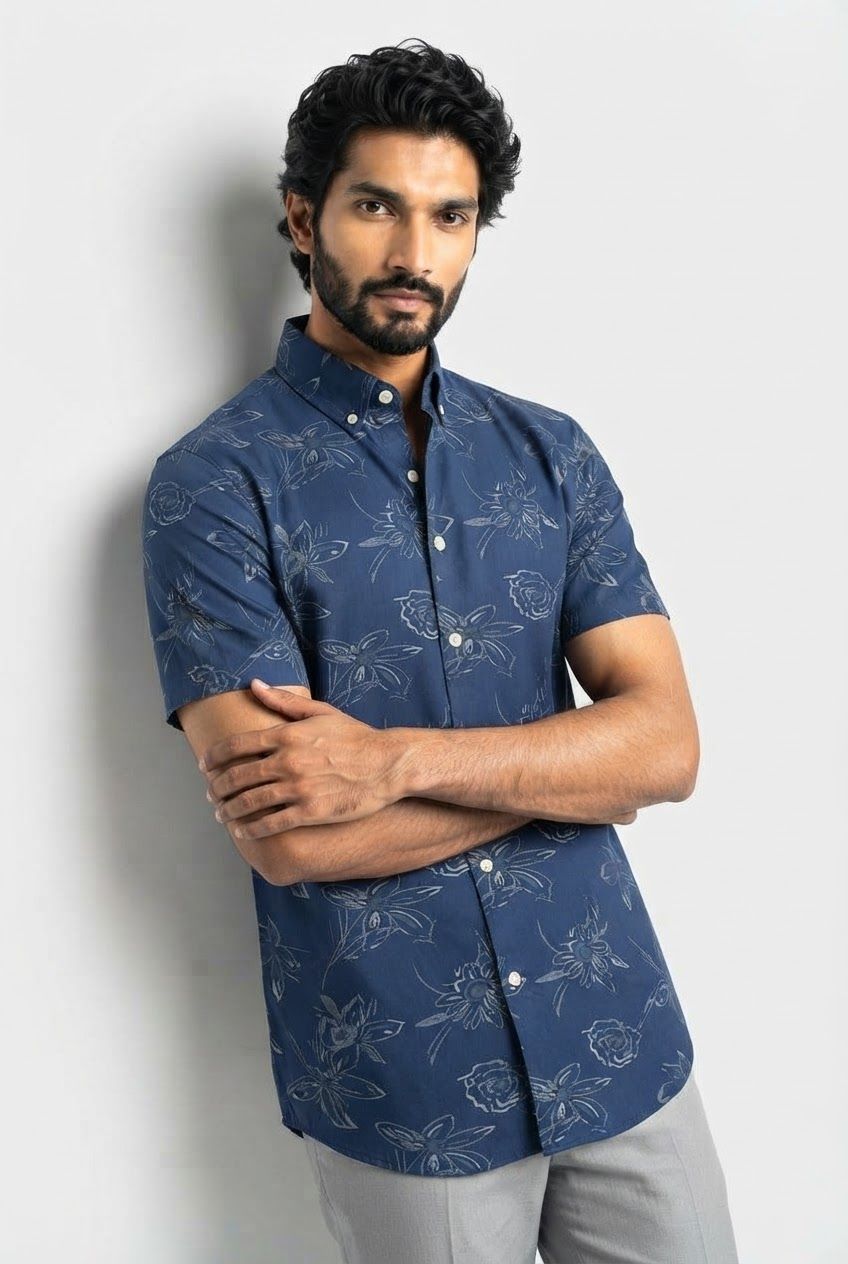 Blue Printed Rayon Semi Slim Fit Half Sleeve Shirt product image