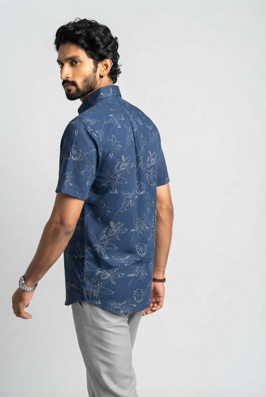 Blue Printed Rayon Semi Slim Fit Half Sleeve Shirt product image