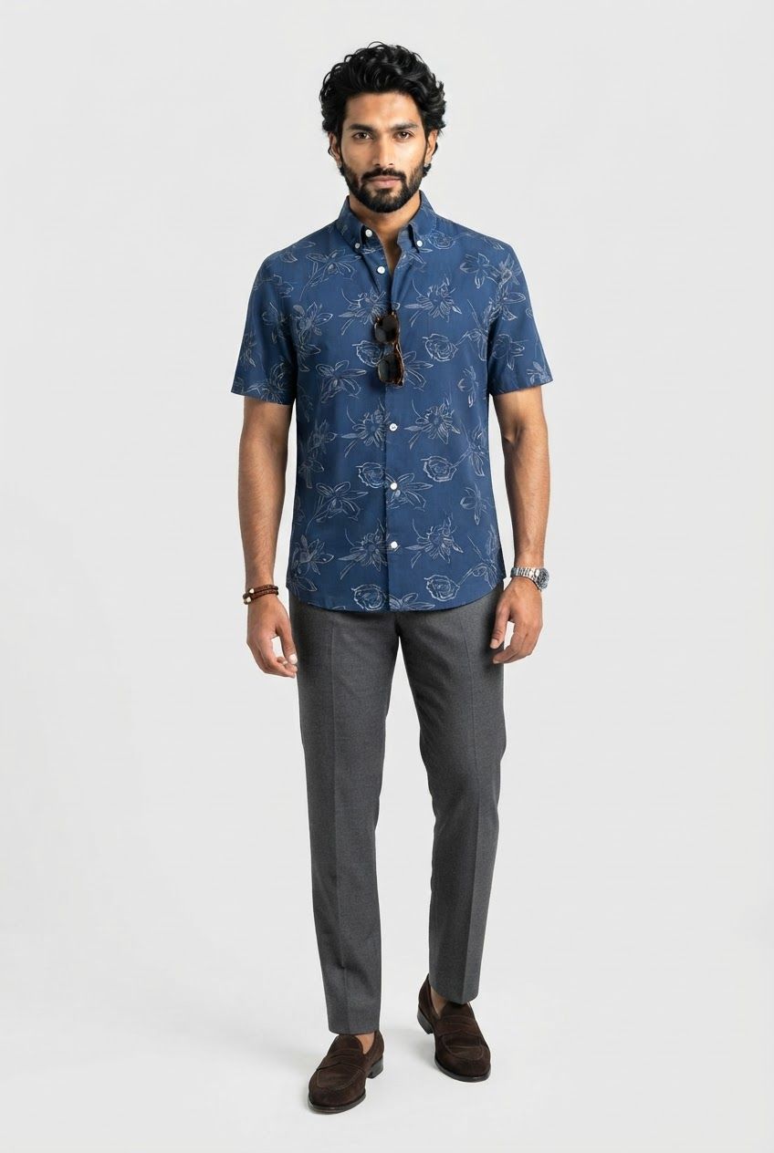 Blue Printed Rayon Semi Slim Fit Half Sleeve Shirt product image