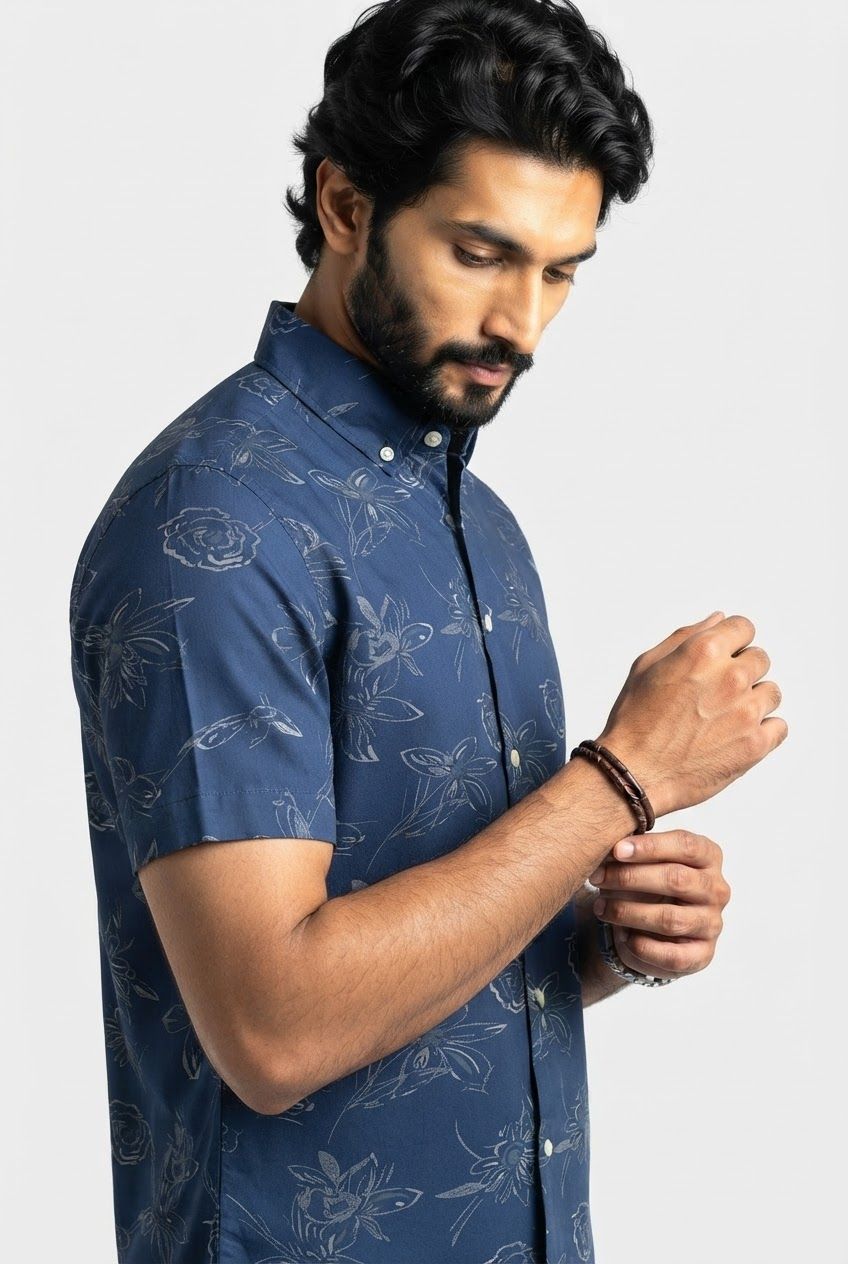 Blue Printed Rayon Semi Slim Fit Half Sleeve Shirt product image