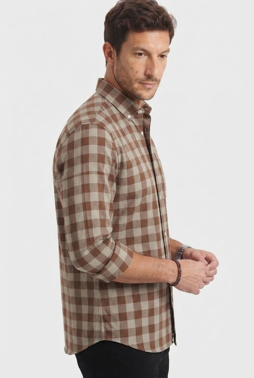 Brown Checked Oxford Semi Slim Fit Full Sleeve Shirt product image
