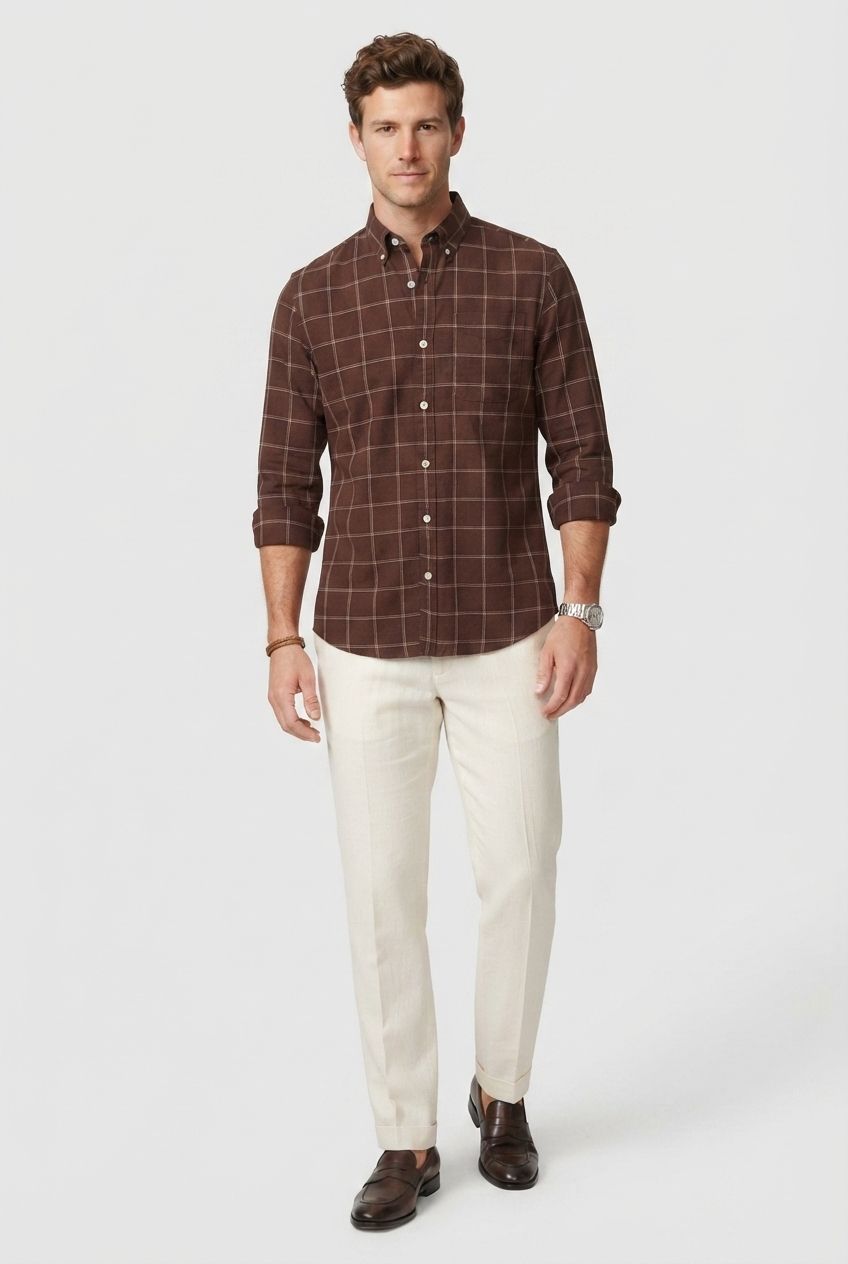 Brown Checks Linen Semi Slim Fit Full Sleeve Shirt product image