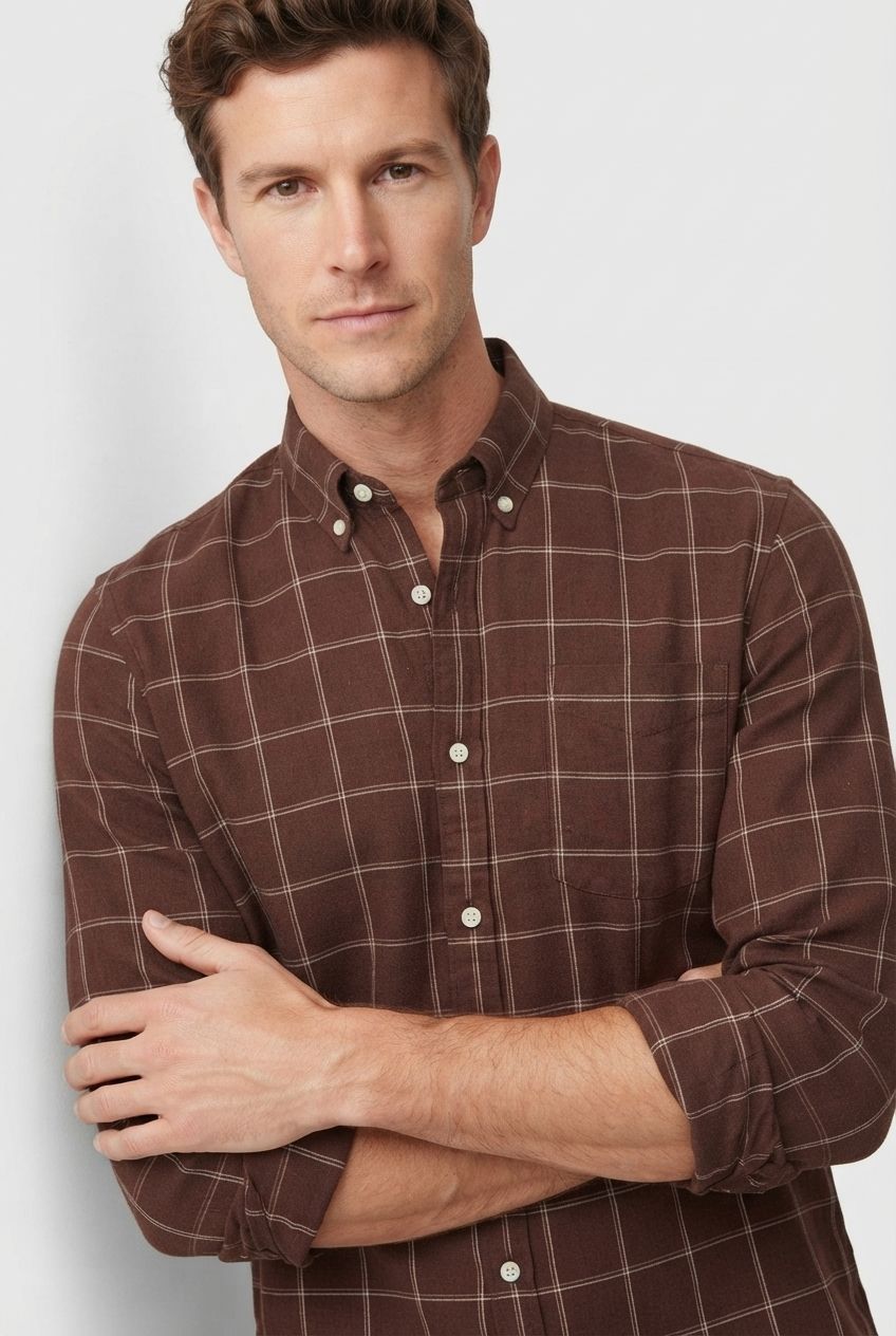 Brown Checks Linen Semi Slim Fit Full Sleeve Shirt product image