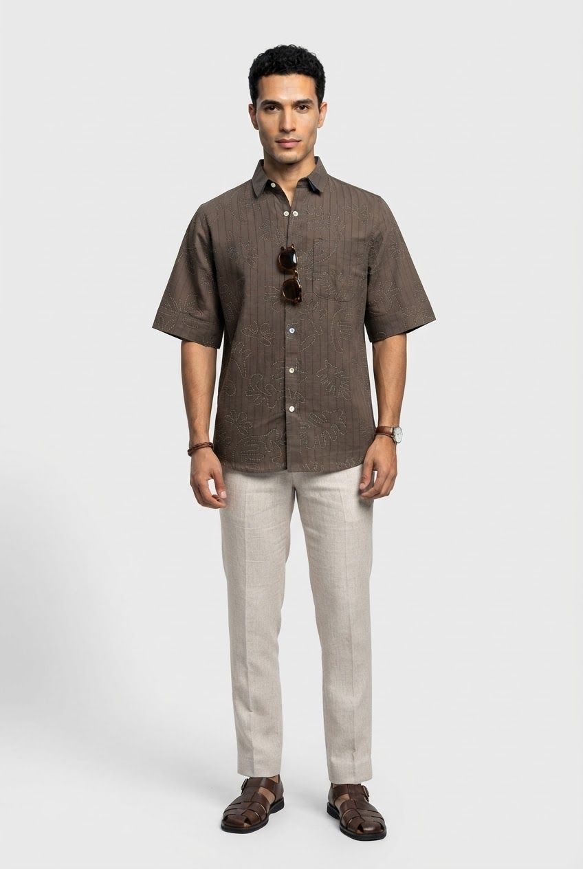 Brown Printed Cotton Linen Relaxed Fit Half Sleeve Shirt product image
