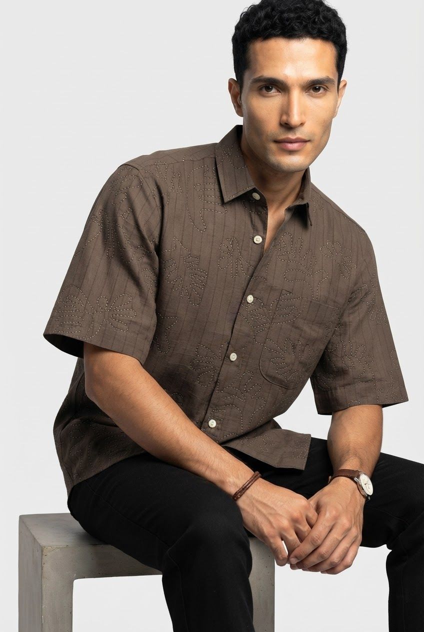 Brown Printed Cotton Linen Relaxed Fit Half Sleeve Shirt product image