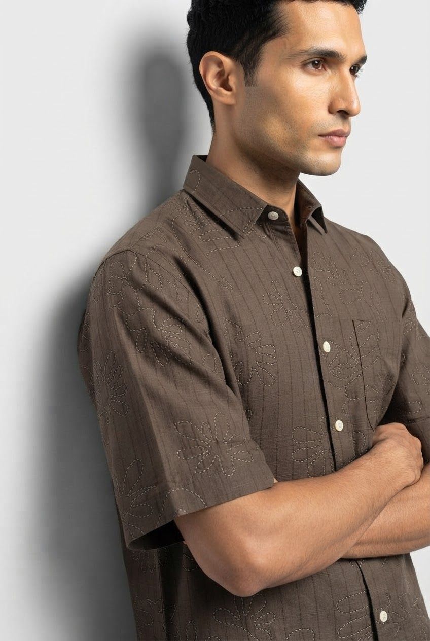 Brown Printed Cotton Linen Relaxed Fit Half Sleeve Shirt product image