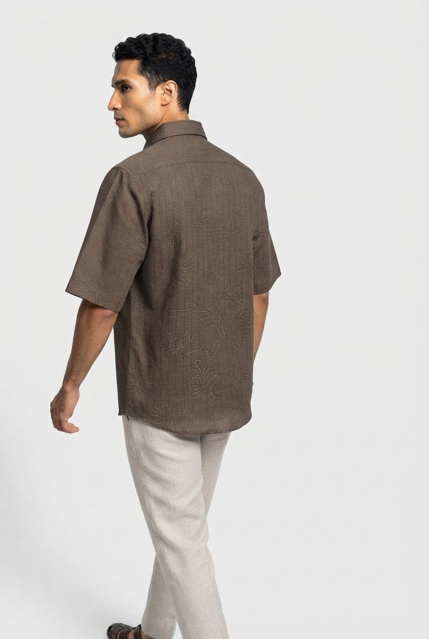 Brown Printed Cotton Linen Relaxed Fit Half Sleeve Shirt product image