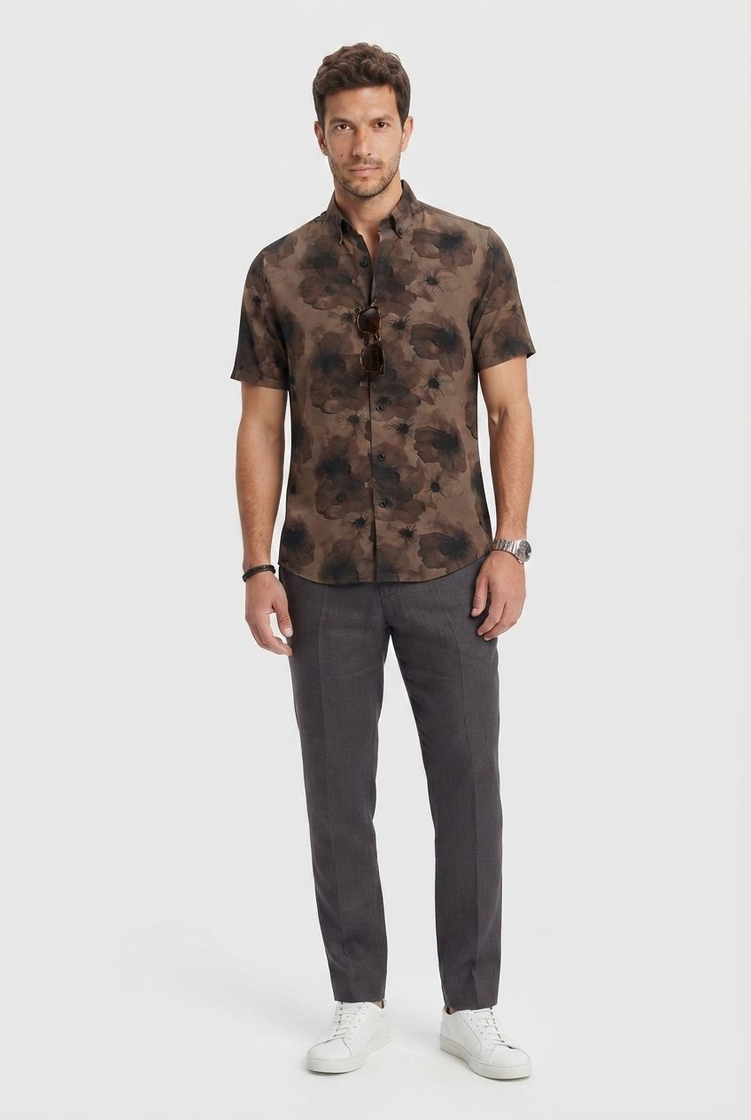 Brown Printed Rayon Semi Slim Fit Half Sleeve Shirt product image