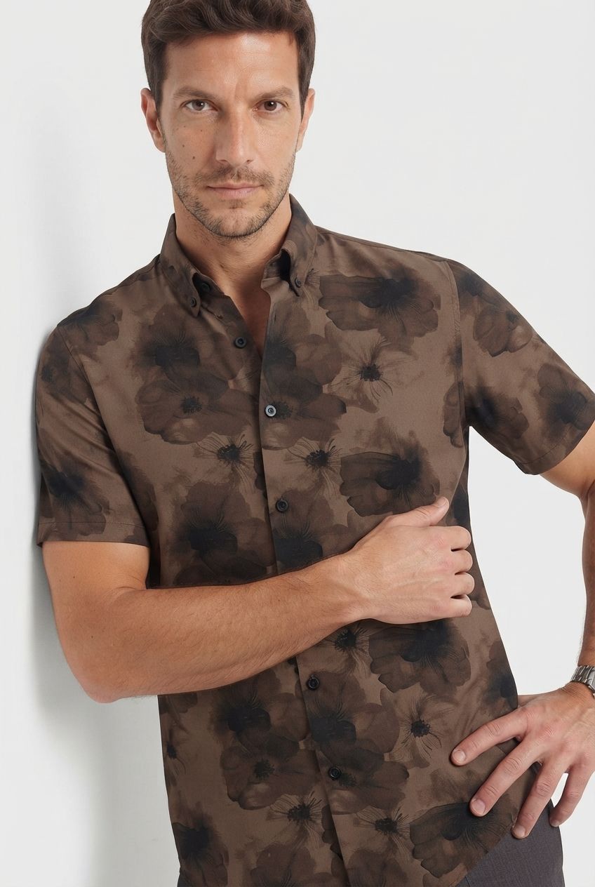 Brown Printed Rayon Semi Slim Fit Half Sleeve Shirt product image