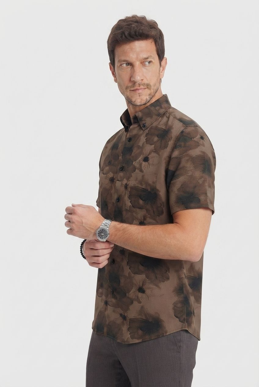 Brown Printed Rayon Semi Slim Fit Half Sleeve Shirt product image