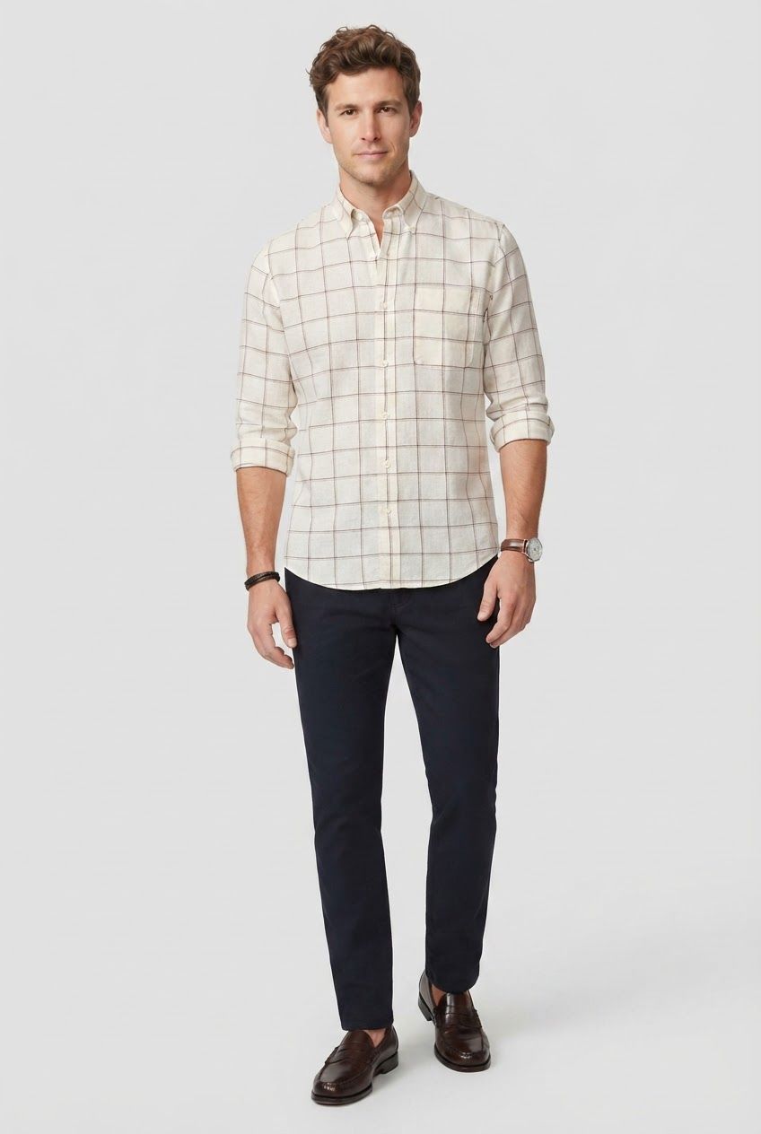 Cream Checks Linen Semi Slim Fit Full Sleeve Shirt product image