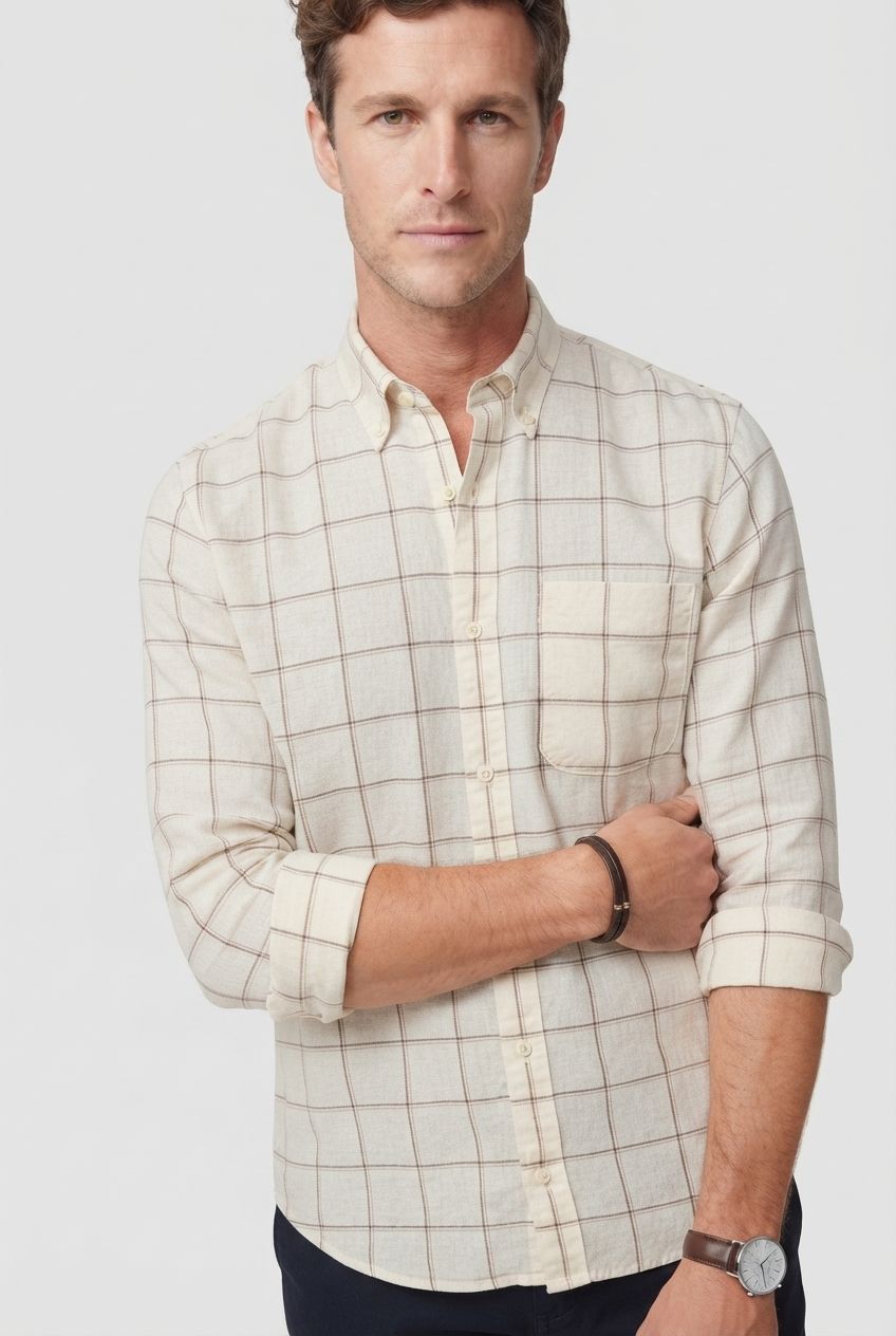 Cream Checks Linen Semi Slim Fit Full Sleeve Shirt product image