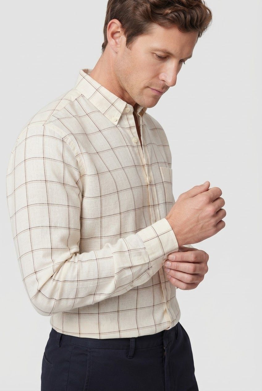 Cream Checks Linen Semi Slim Fit Full Sleeve Shirt product image