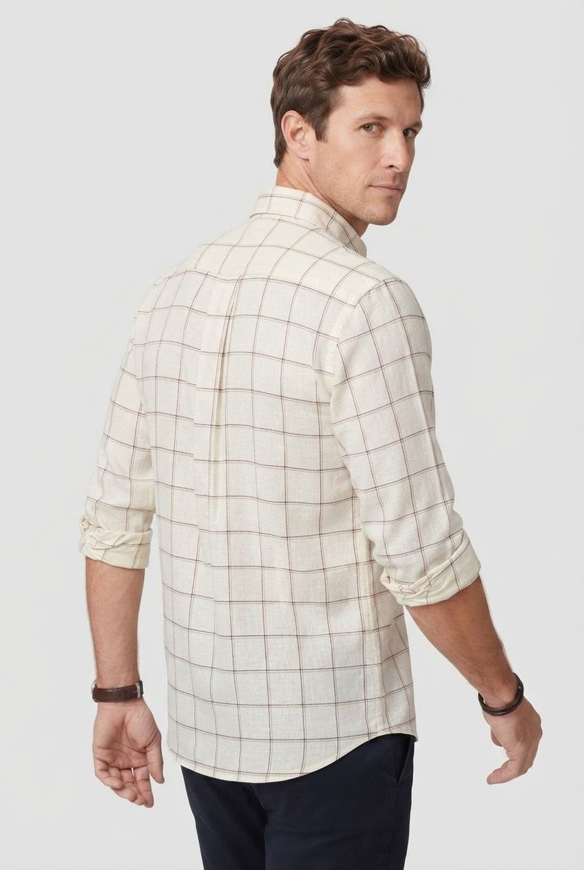 Cream Checks Linen Semi Slim Fit Full Sleeve Shirt product image