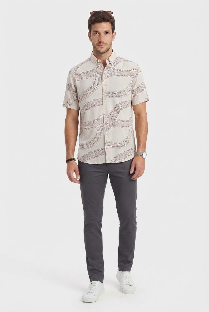 Cream Printed Rayon Semi Slim Fit Half Sleeve Shirt product image