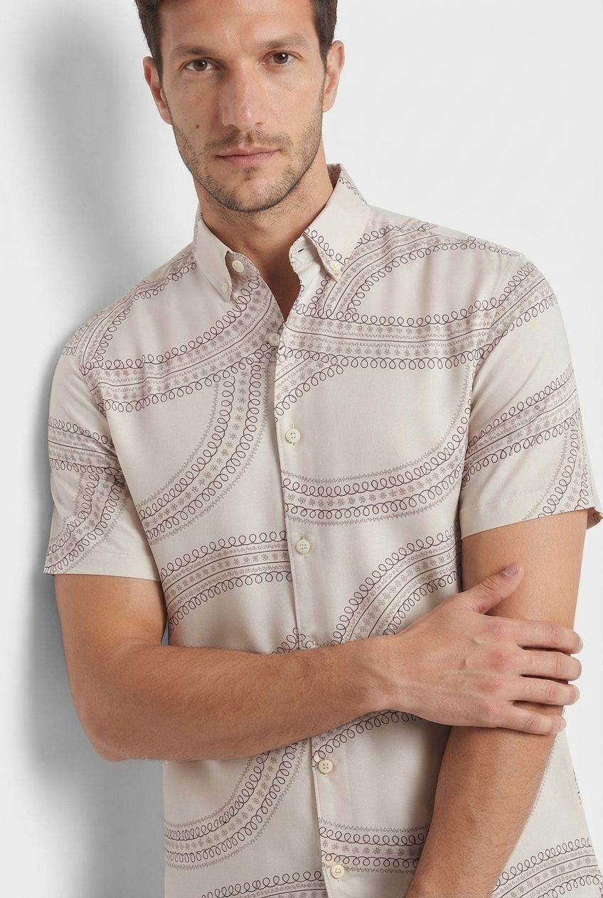 Cream Printed Rayon Semi Slim Fit Half Sleeve Shirt product image