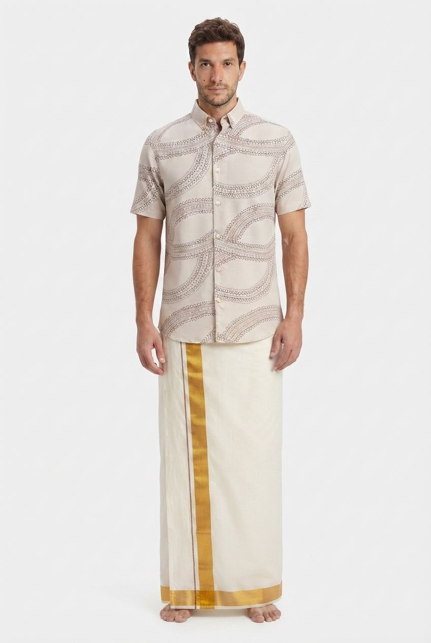 Cream Printed Rayon Semi Slim Fit Half Sleeve Shirt product image
