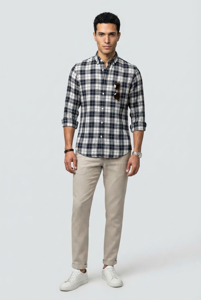 Dark Blue Checks Linen Semi Slim Fit Full Sleeve Shirt product image