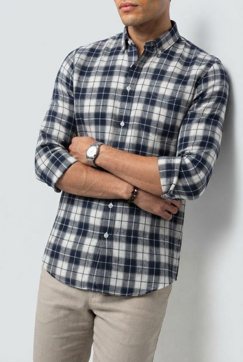 Dark Blue Checks Linen Semi Slim Fit Full Sleeve Shirt product image