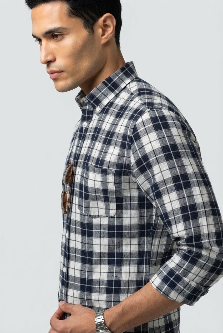 Dark Blue Checks Linen Semi Slim Fit Full Sleeve Shirt product image