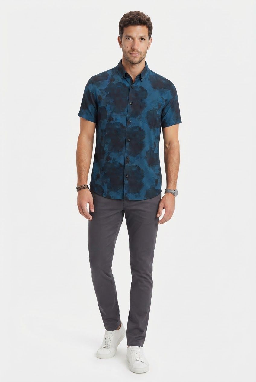 Dark Blue Printed Rayon Semi Slim Fit Half Sleeve Shirt product image