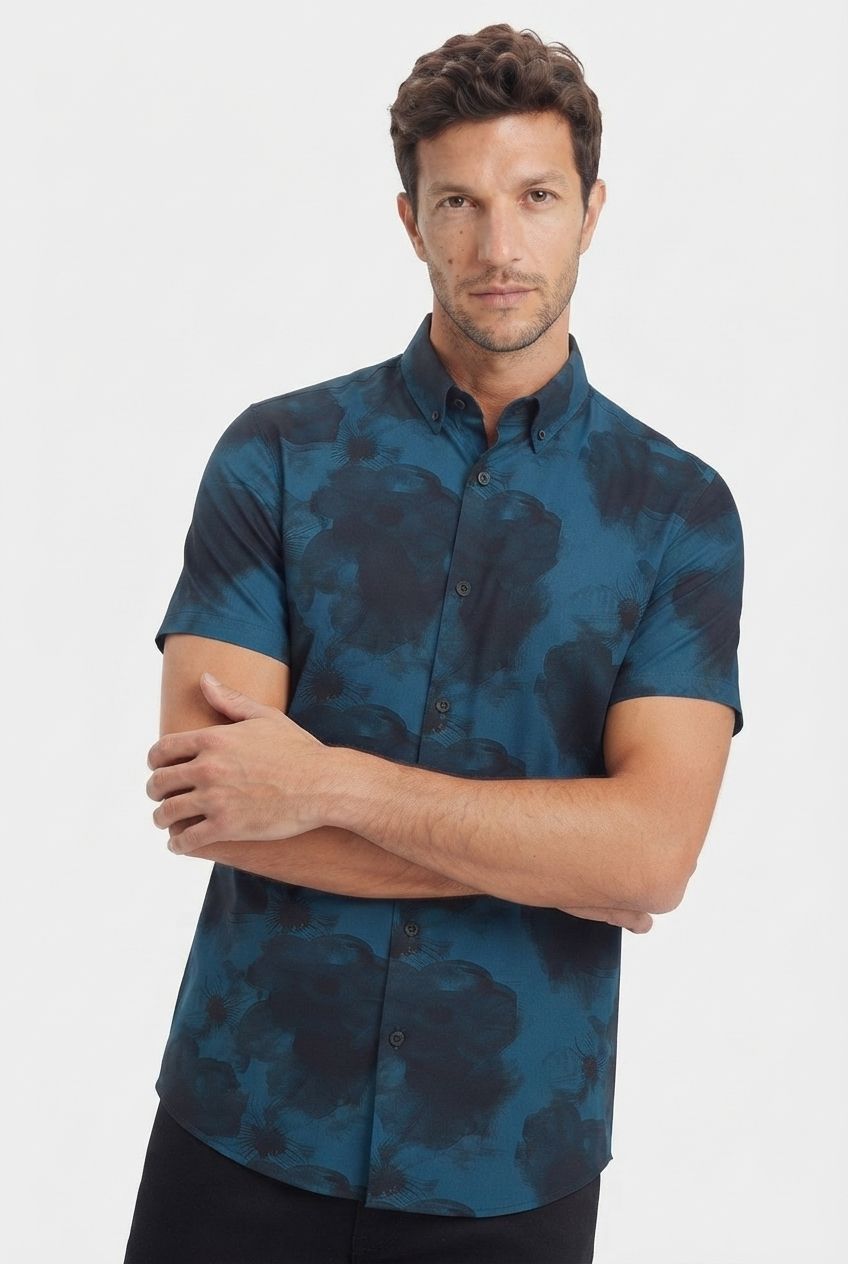 Dark Blue Printed Rayon Semi Slim Fit Half Sleeve Shirt product image
